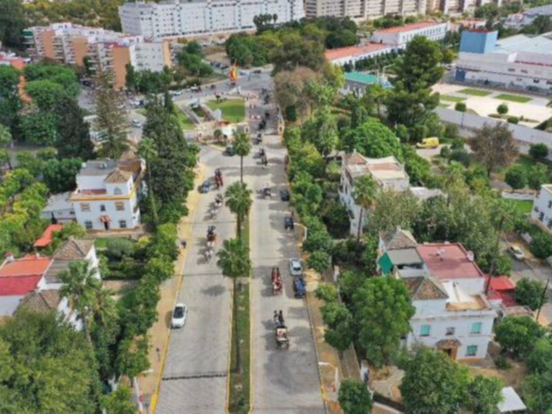Vista aérea de una calle con casas y árboles en un entorno urbano.