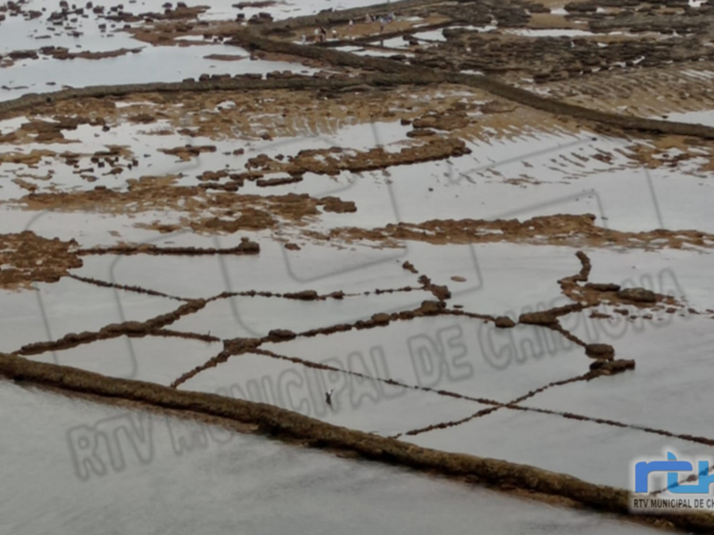 Vistas de las salinas de Chipiona, con sus canales de agua y estructuras de madera, bajo un cielo nublado.