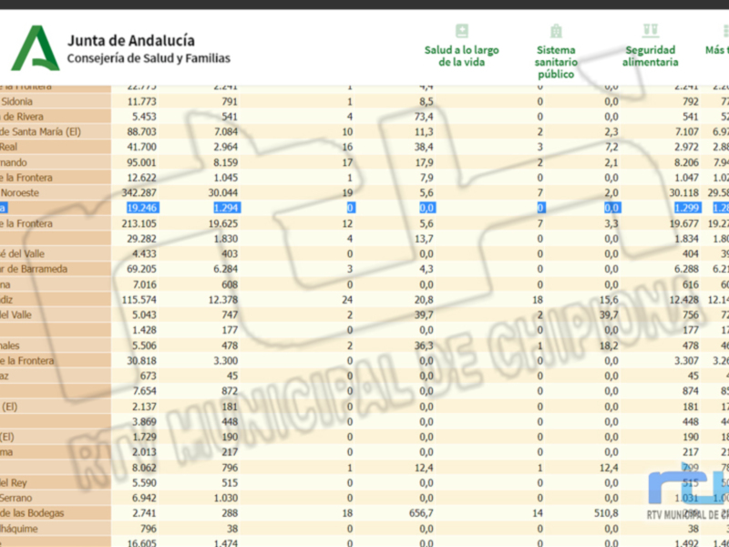 Tabla de datos estadísticos sobre la salud y sistemas sanitarios públicos en diferentes municipios de Andalucía.