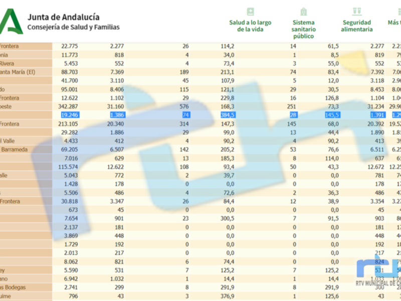 Un informe detallado de la Junta de Andalucía, incluyendo datos sobre salud, seguridad y más temas. Los datos se presentan en una tabla con columnas que incluyen información sobre salud, sistema sanitario y seguridad alimentaria.