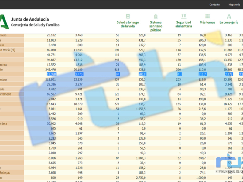 Estadísticas de salud y bienestar en la Junta de Andalucía, mostrando datos detallados por municipios sobre salud pública, seguridad alimentaria y otros aspectos.