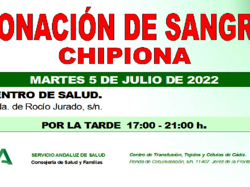 Cartel informativo sobre donación de sangre en el Centro de Salud de Jerez de la Frontera, Andalucía, España, el martes 5 de julio de 2022, de 17:00 a 21:00 horas.