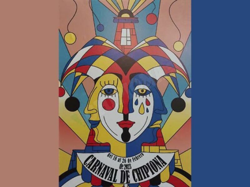 Cartel de carnaval con personajes coloridos y una linterna en el fondo. Texto: "Carnaval de Chipiona 18 al 26 de febrero de 2023".