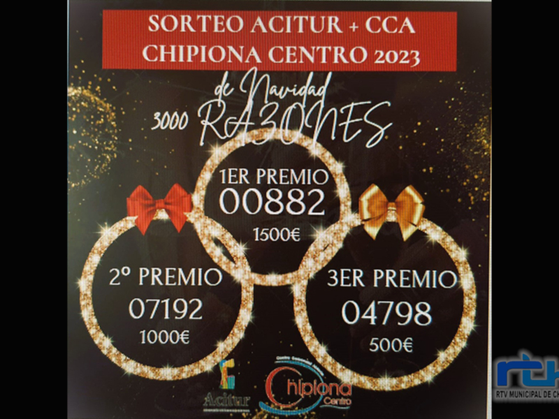 Sorteo Acitur + CCA Chipiona Centro 2023. Premios: 1er $15,000€, 2do $7,984€, 3er $5,000€.