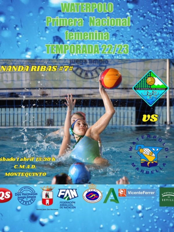Poster de un partido de waterpolo femenino en la Primera Nacional, con detalles sobre el equipo Nanda Ribas #7 y la fecha de la temporada 2022-23.