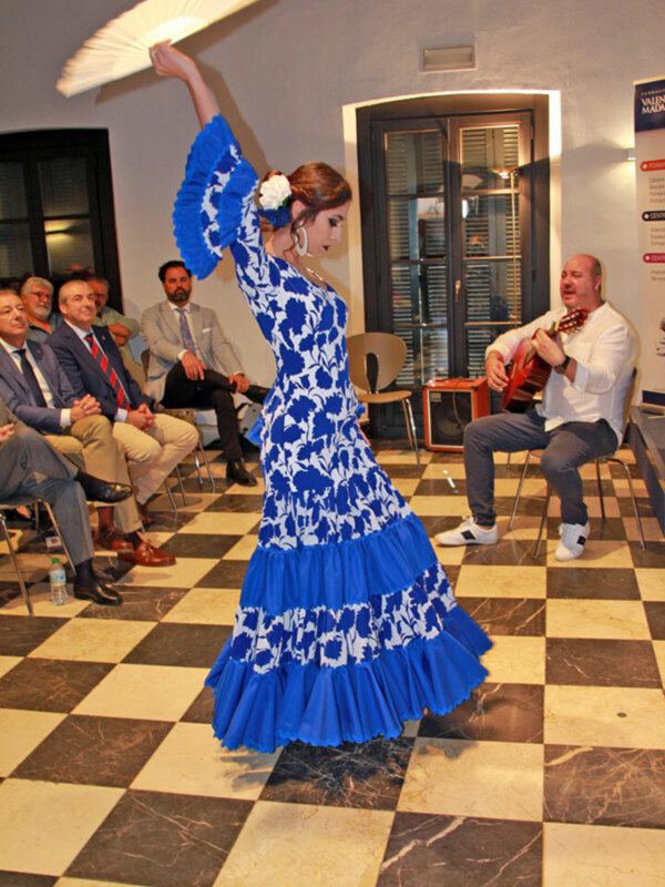 Una bailaora de flamenco en un ambiente formal, con un vestido azul y blanco y un hombre tocando guitarra en el fondo.