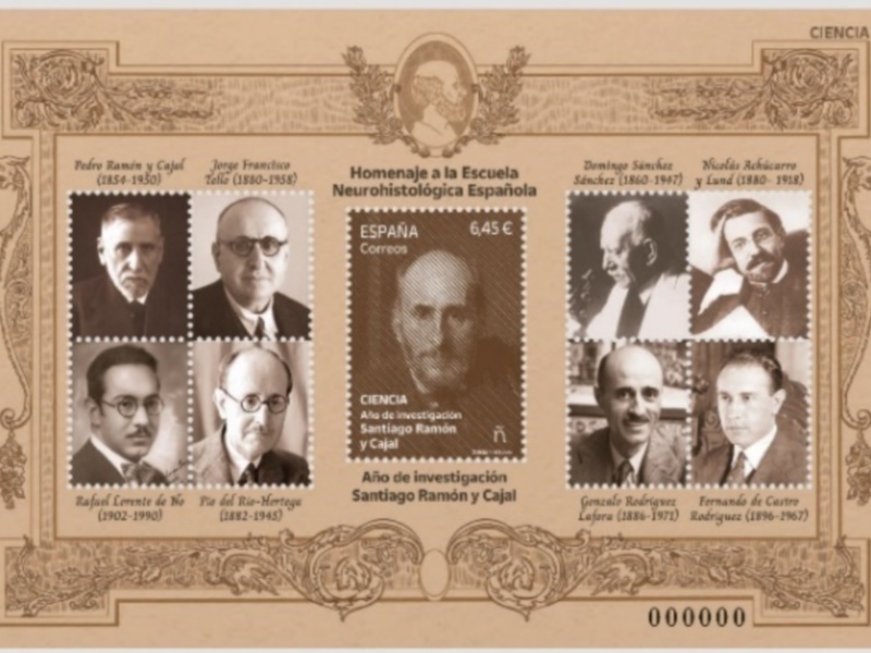 Sello conmemorativo de España dedicado a la Escuela Neurohistológica Española, incluyendo a Santiago Ramón y Cajal y otros destacados científicos.