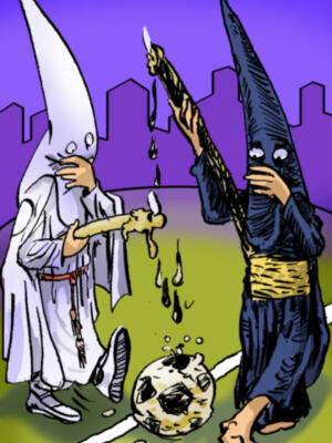 El fútbol y la semana santa visto por Dani Rosel para ilustrar la conferencia De Francisco Correal sobre Semana Santa y futbol en el Colegio Notarial