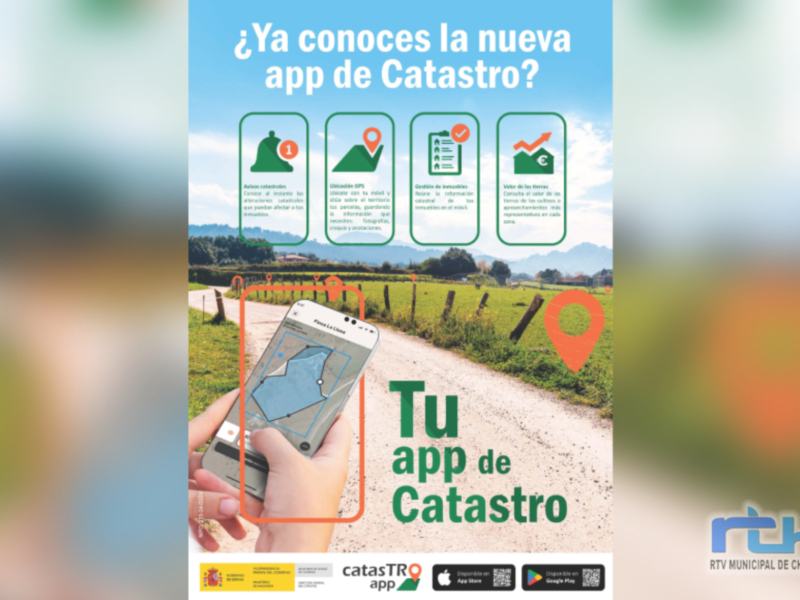Anuncio promocional de la app de Catastro, mostrando su uso en un entorno rural con una persona interactuando en un teléfono móvil.