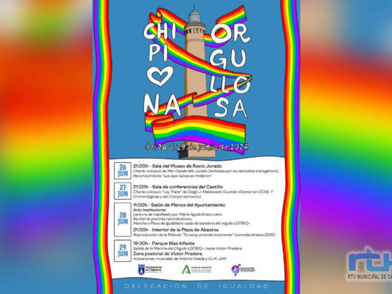 Cartel anunciando eventos LGTBIQ+ en Chipiona del 26 al 29 de junio de 2024.
