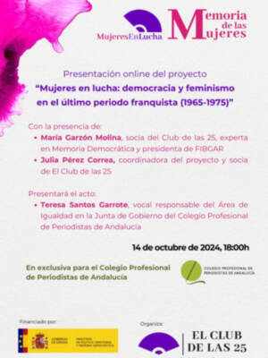 El Colegio Profesional de Periodistas de Andalucía (CPPA) acoge el próximo 14 de octubre la charla online ‘Mujeres en lucha