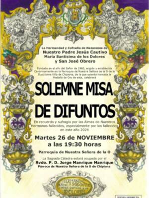La Hermandad del Cautivo celebrará Misa de Difuntos  el próximo martes 26 a las 19.30 h. en la Parroquia Nuestra Señora de la O