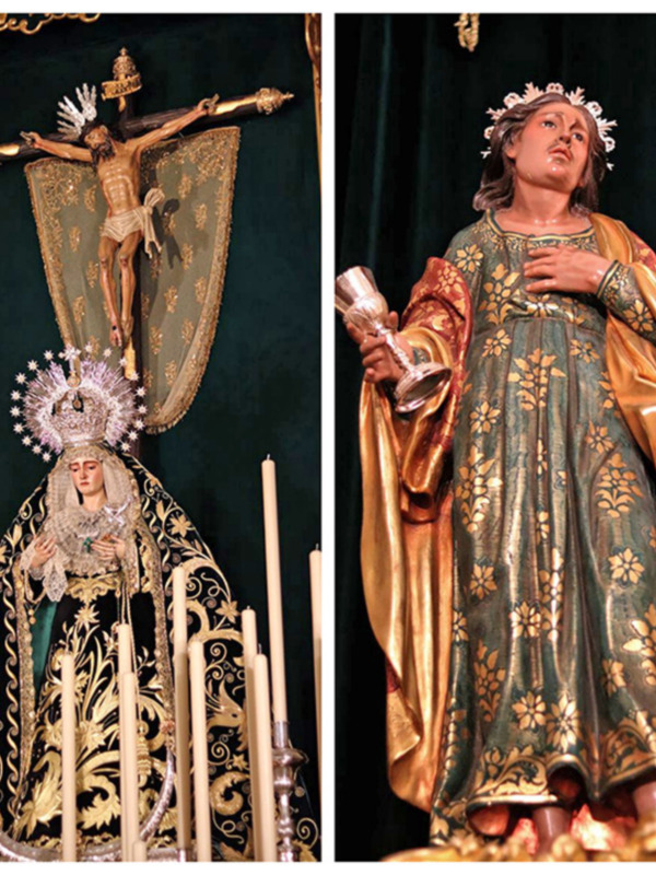 Representación religiosa de una Virgen y Cristo en la cruz, adornadas con vestimentas y joyas, rodeadas de velas y ornamentos dorados.