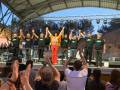 Una escena de un concierto al aire libre con una banda en el escenario. Los músicos están vestidos con camisetas verdes y pantalones negros, mientras que el cantante está vestido con una camiseta amarilla y pantalones rojos. La audiencia está disfrutando de la actuación, con algunas personas levantando sus manos en el aire. El escenario está iluminado por luces de teatro y la atmósfera es festiva.
