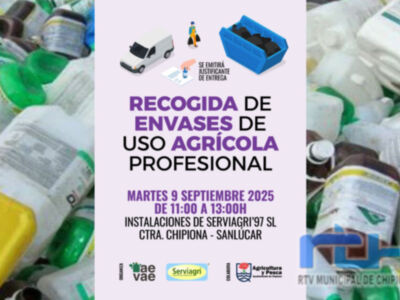 Anuncian una nueva recogida de envases de uso agrícola profesional en Chipiona para el 9 de septiembre