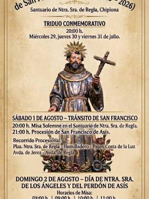 Este sábado 1 de agosto a las 9 de la noche procesión extraordinaria de San Francisco de Asís en Chipiona